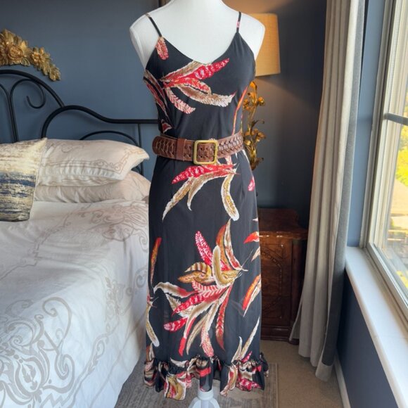 Black w Tropical Red Feather Print Chiffon Midi Dress - Picture 1 of 15